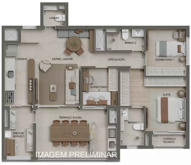 101 Apartamento 101 metros com 3 dorms ou 2 Suítes